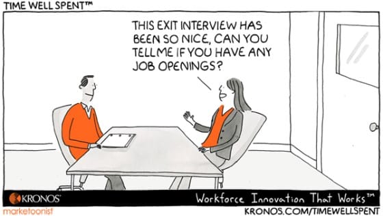 Kronos, exit interviews, recruiting, time well spent, cartoon