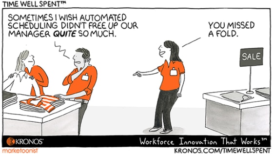 automation, Kronos, Time Will Spent, cartoon, scheduling, interaction, employee engagement