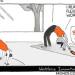 Kronos cartoon, yoga pose, flexible, flexible work, employee engagement, employee retention, technology