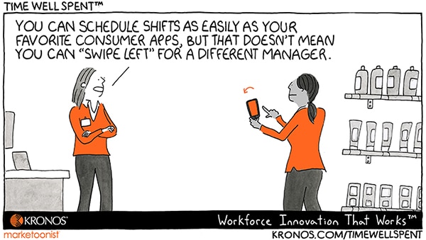 Kronos, Time Well Spent cartoon, swipe left, swipe right, scheduling apps, employee experience