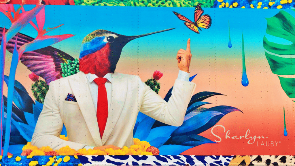 surreal wall art, wall art, bird in business suit, tropical setting, work, employees, workism