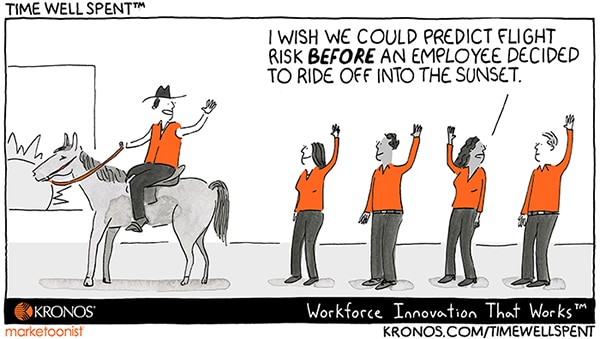 Time Well Spent cartoon from Kronos shows employee riding off into the sunset. Stay interviews could have alerted manager