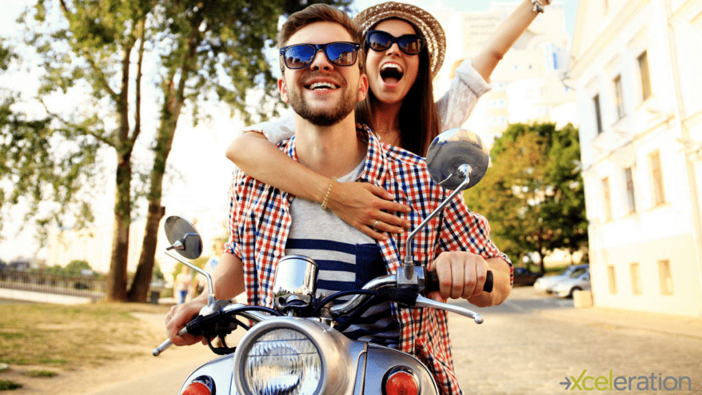 couple travel motorcycle, fun, travel incentives, travel rewards, Xceleration, employee engagement, recruiting