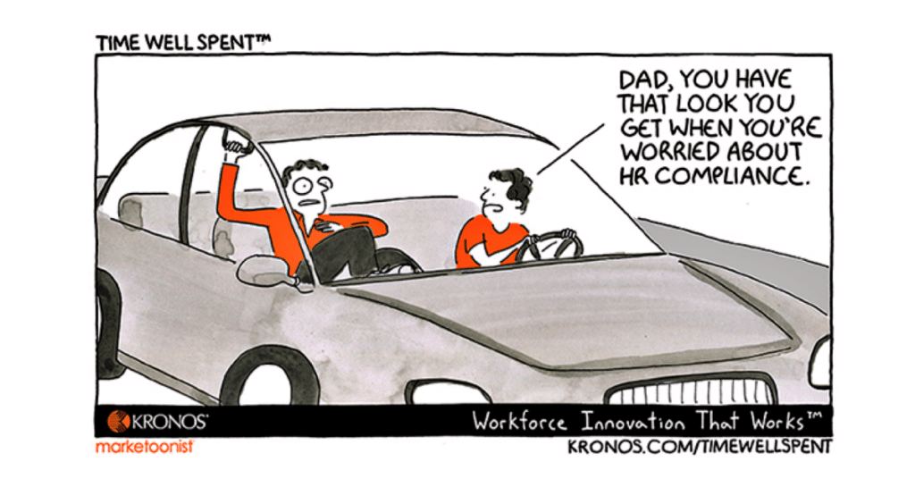 Kronos cartoon new driver teen with frightened Dad who looks like he does when thinking about HR compliance