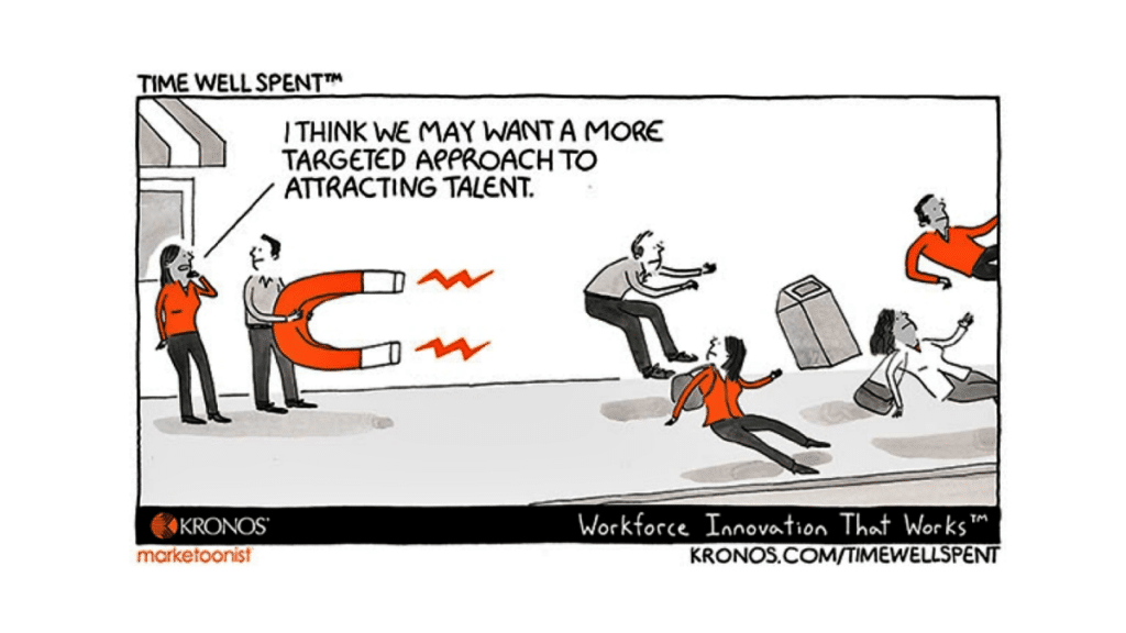 Kronos time well spent cartoon showing the wrong way for recruiting talent