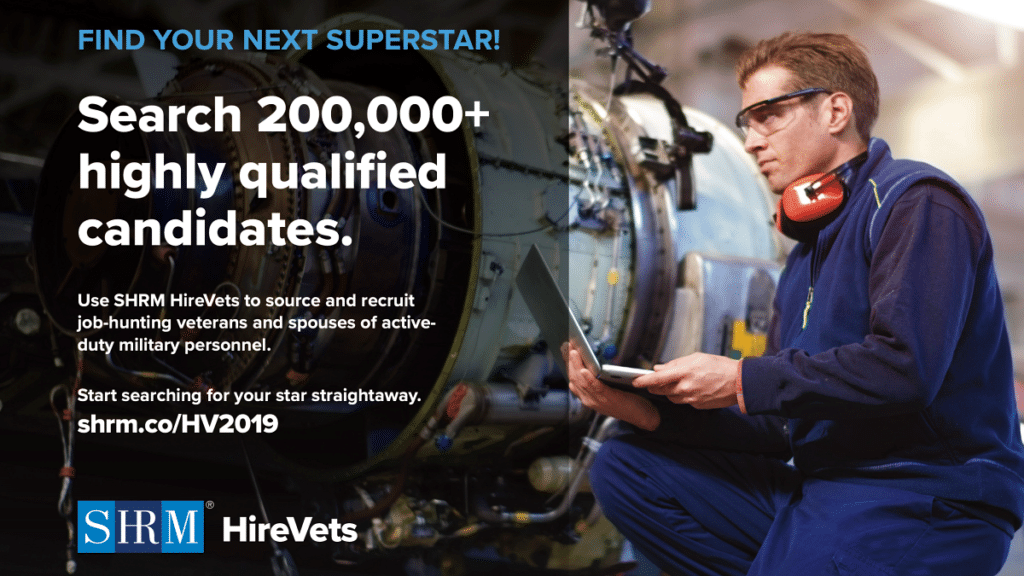 SHRM HireVets software showing military veteran maintenance worker and promo for hiring veterans