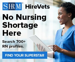 SHRM HireVets software image showing military veteran nurse promoting hiring veterans