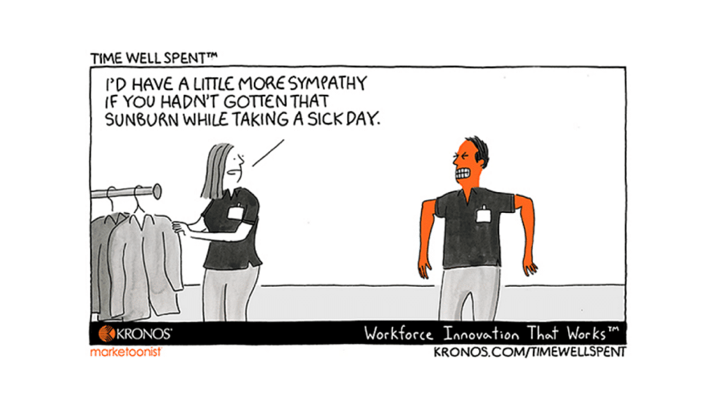 Kronos Time Well Spent cartoon showing manager trying to empathize with employee who got a sunburn on a sick day