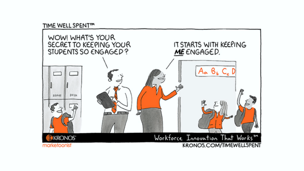 Kronos Time Well Spent cartoon with employee engagement in a teacher greeting students with coworker