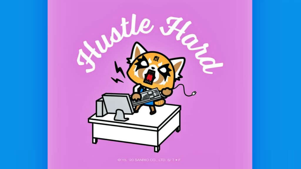 hustle hard giving feedback Retsuko standing on a desk