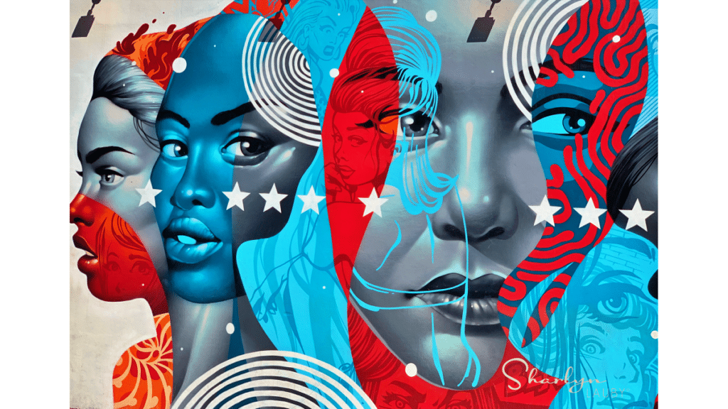 wall art depicting faces in red white and blue implying ways to measure manager engagement