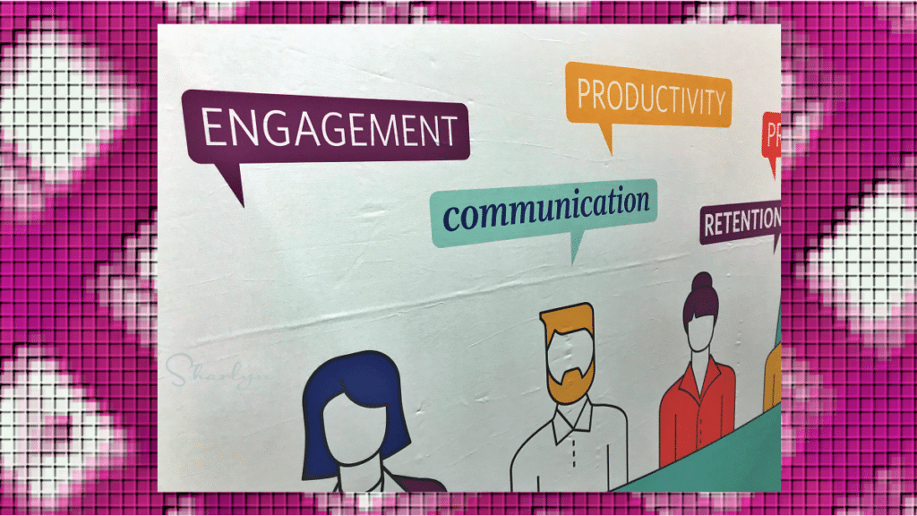 wall art showing managers talking about communication and engagement related to COVID