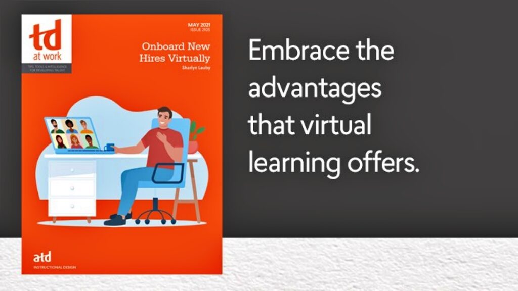 Onboarding New Hires Virtually publication cover showing employee at a home dest on a laptop with the words embrace the advantages that virtual learning offers