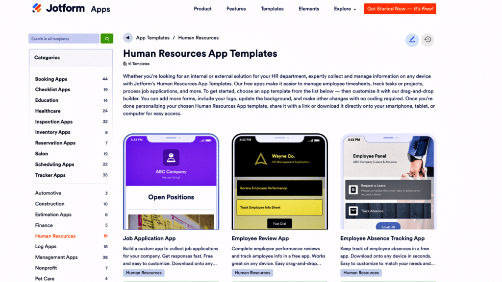 Jotform Human Resources app builder screenshot with examples