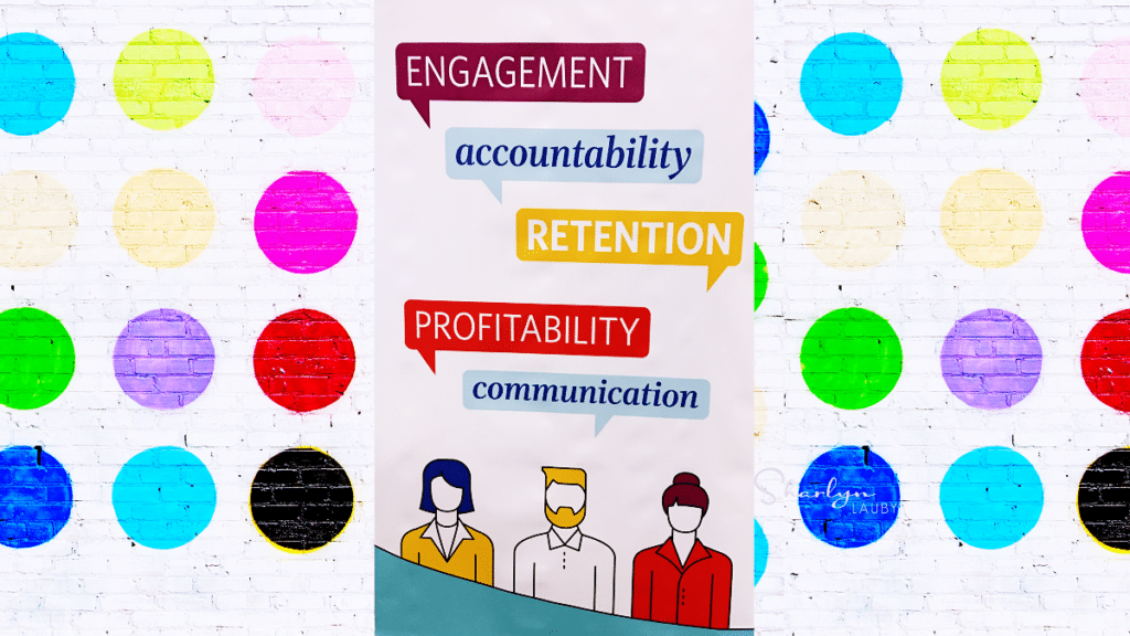 recruiting sign on a colorful backround with drawn people images talking about retention