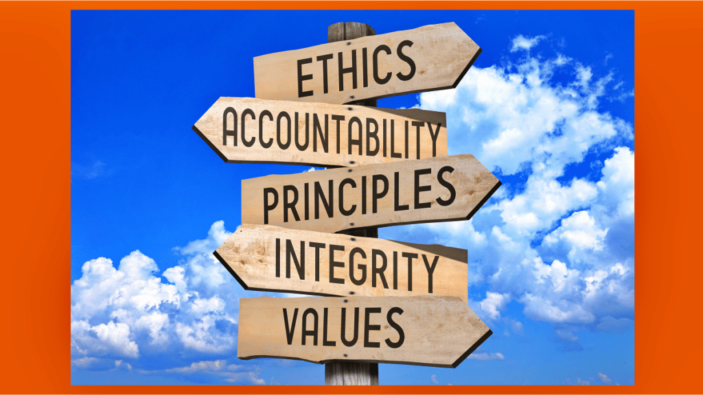 sign post pointing to ethics values integrity in employment branding