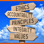 sign post pointing to ethics values integrity in employment branding