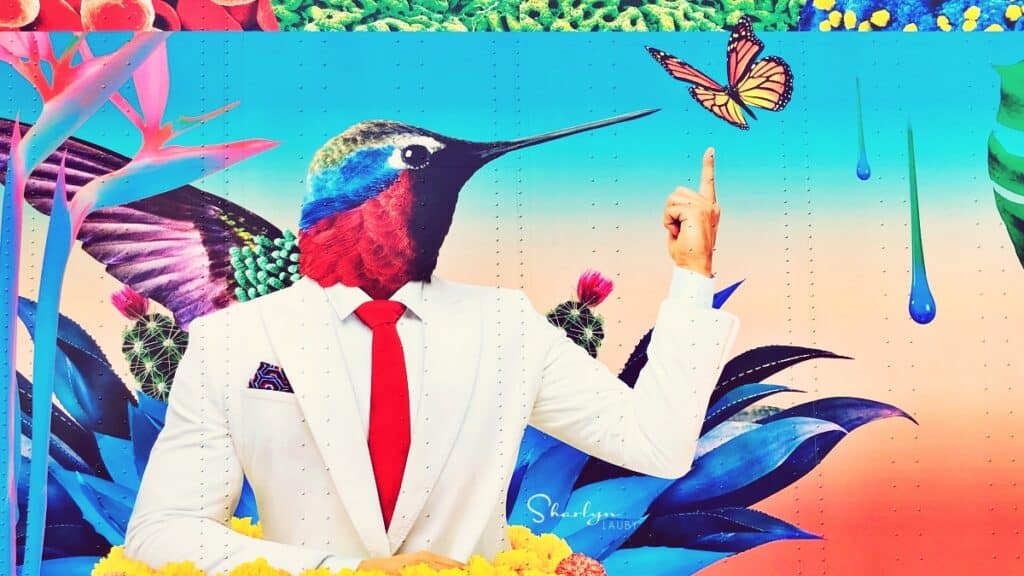 wall art confident and thoughtful hummingbird in a white suit