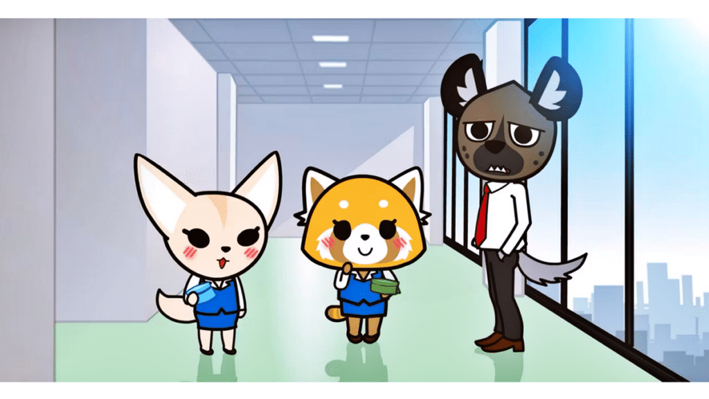 Aggretsuko office team learning in one-on-one meeting