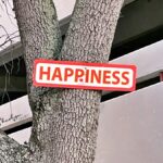 sign posted on a tree saying happiness for workplace wellbeing