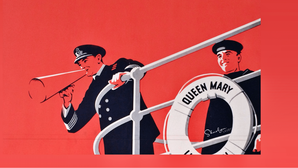 wall art bullhorn on Queen Mary referring to workplace communication