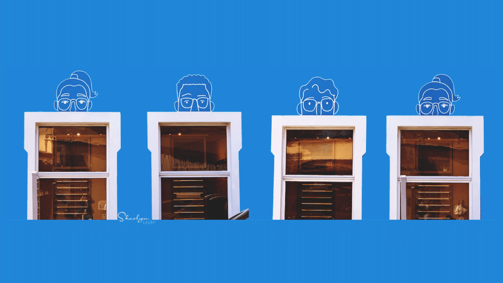 house windows with graphics of employee faces representing feedback Johari Window