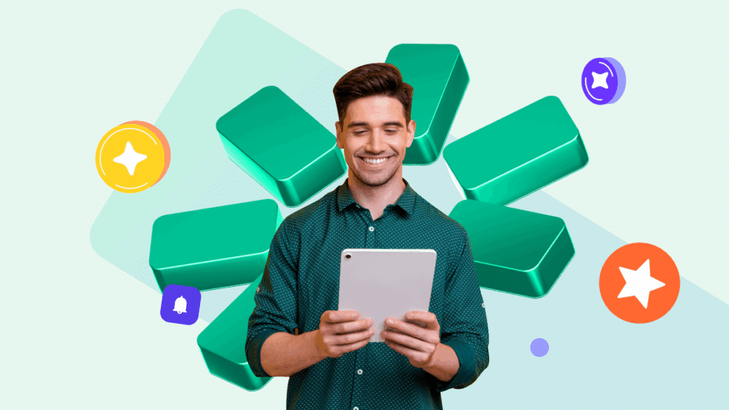 graphic happy employee using a learning management system LMS at work