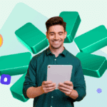 graphic happy employee using a learning management system LMS at work